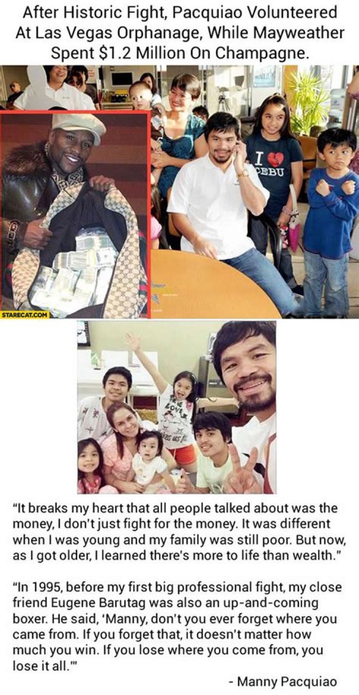 After Their Fight, Floyd Mayweather Spent $1.2 Million At A Club... Manny Pacquiao Volunteered At Orphanage.